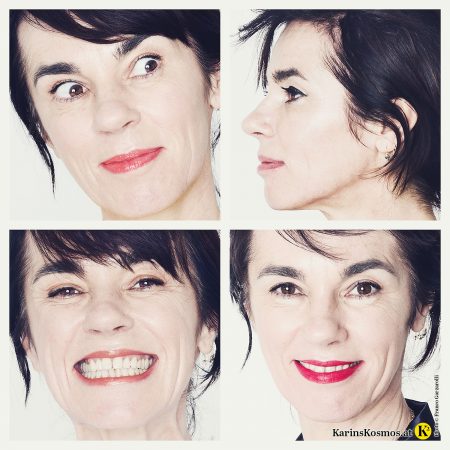 Vier Portraits von einer Frau mit vier verschiedenen Gesichtsausdrücken: skeptisch, lächelnd, lachend und freundlich schauend. Sie hat keine Zornesfalte dank Botox.