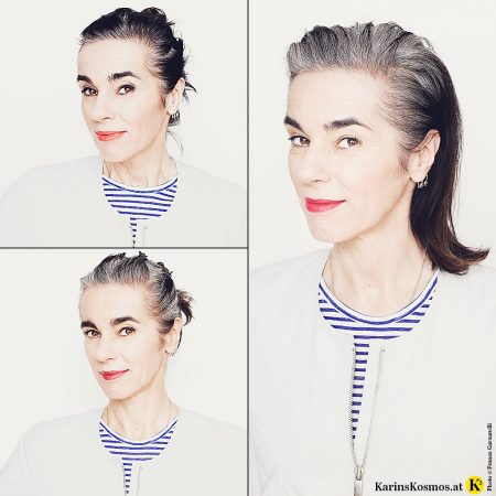 Foto einer Frau, Karin Garzarolli, die sich ihr graues Haar rauswachsen lässt.