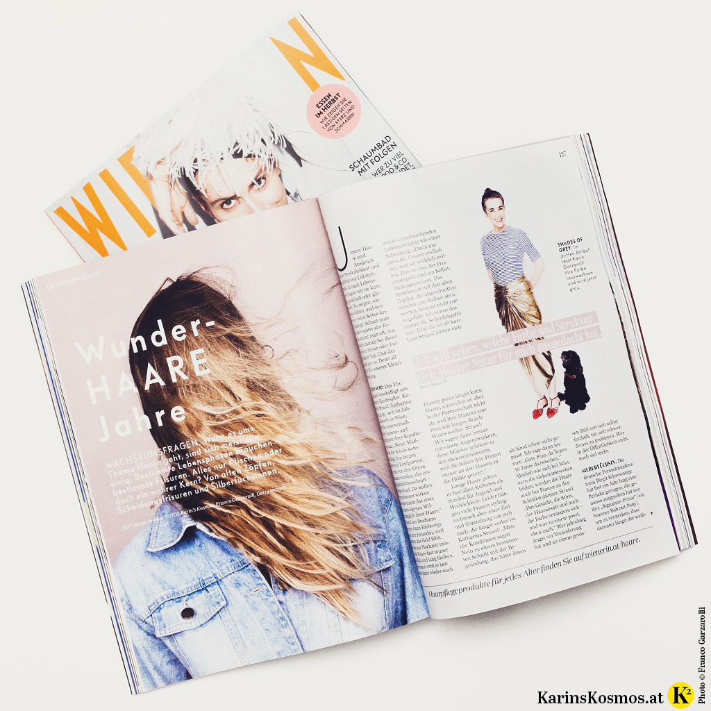 Foto der Zeitschrift Wienerin mit einem Artikel über graue Haare in der Karin Garzarolli mit ihrem Blog Karins Kosmos vorkommt.