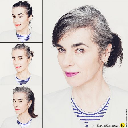 Vier Stadien einer Frau, die sich ihr graues Haar wachsen lässt.