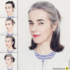 Frau mit silbergrauem Haar ist damit im Fernsehen aufgetreten.