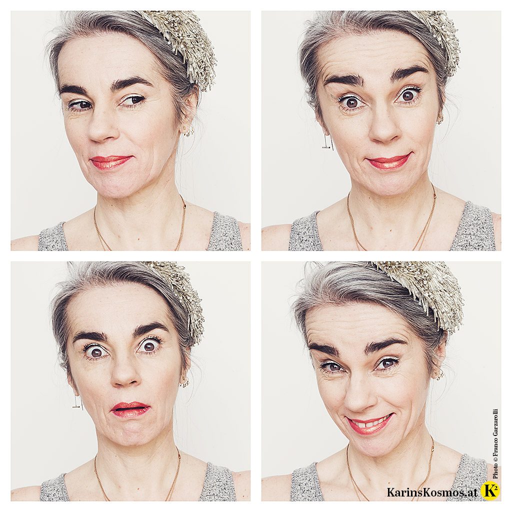 Frau mit vier verschiedenen Gesichtsausdrücken, aber jedes Mal mit Metallic-Eyes in Form eines silbernen Eyeliners.