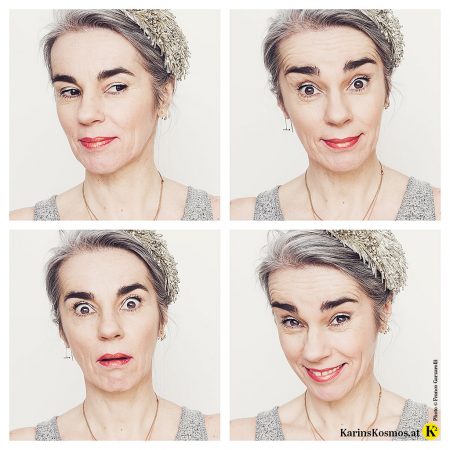 Frau mit vier verschiedenen Gesichtsausdrücken, aber jedes Mal mit Metallic-Eyes in Form eines silbernen Eyeliners.