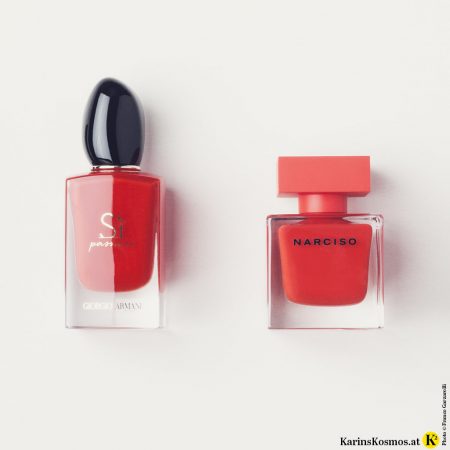 Produktfoto von zwei Flakons in Rot von Giorgio Armani und Narciso Rodriguez.